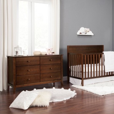 Espresso Pine Wood Double Nursery Dresser with 6 Drawers