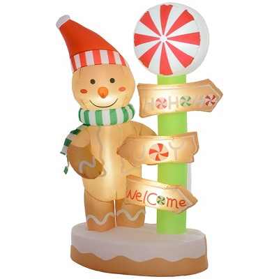 Outsunny 6' Christmas Inflatables Gingerbread Man and Signpost with LED Lights for Lawn Garden Party