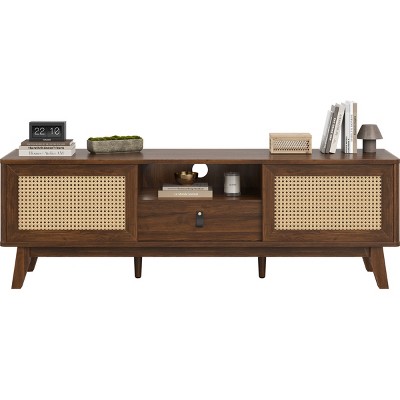 GlasFlength TV Stands and Consoles Rattan TV Stan Wood TV Stand Mid Century Modern TV Stand TV Media Console for Living Room, Brown, 64"*19"*5"