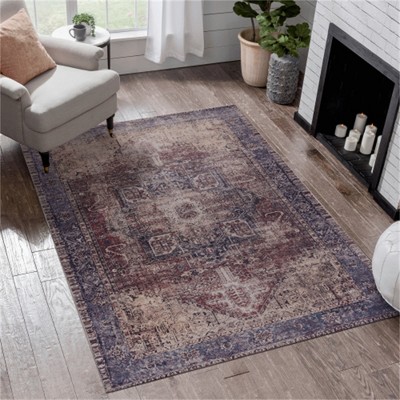 SKRAN Washable Area Rugs, Low-Pile, Non-Slip, Non-Shedding, Foldable, Kid & Pet Friendly -for Living Room, Bedroom, Kitchen, (Burgundy/Blue)