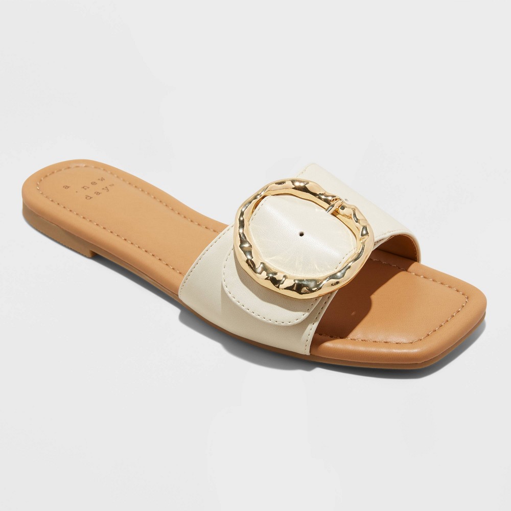 Women's Bennie Buckle Slide Sandals with Memory Foam Insole - A New Day™ Cream Size- 7