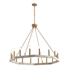 Dewdrop Modern Farmhouse 12-Light Chandelier, Wood & Gold Ring for Dining Room & Foyer - 1 of 4