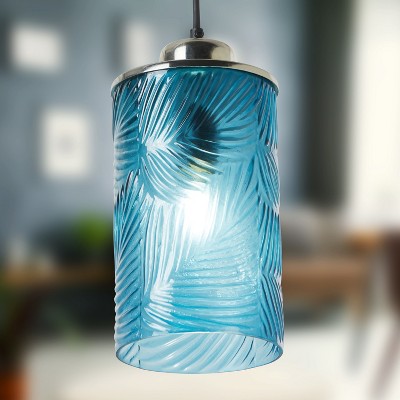 Aimee Blue Glass Cylinder Pendant Lamp with Palm Leaf Texture