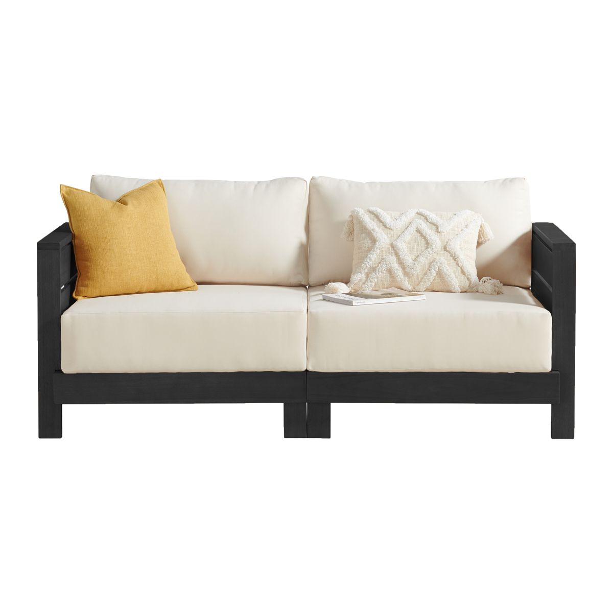 Alaterre Furniture Barton Outdoor Patio Loveseat - Weather-Resistant Eucalyptus Wood Outdoor Loveseat with Thick Cream Cushions - 2 Seater (Black)