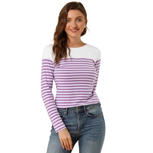 INSPIRE CHIC Women's Color Block Round Neck Long Sleeves Striped Basic T-Shirt - 1 of 4