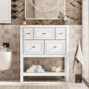 SpassWay 30"L Blue Freestanding Bathroom Vanity with Ceramic Sink 5 Drawers Solid Wood Frame - 1 of 4