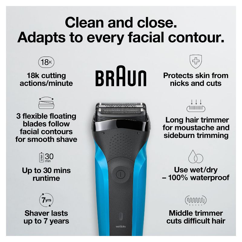 BRAUN SERIES 3-310S MEN&#39;S RECHARGEABLE WET &#38; DRY ELECTRIC FOIL SHAVER, 4 of 12