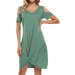 Women's Summer Cold Shoulder  Twist Knot Mini Tshirts Dresses - 1 of 4