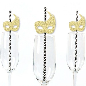 Big Dot of Happiness Gold Glitter Masks Party Straws - No-Mess Real Glitter Cut-Outs & Decorative Masquerade Mardi Gras Party Paper Straws - Set of 24 - 1 of 4
