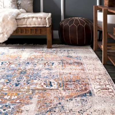 Ivory Synthetic Stain-Resistant Rectangular Area Rug 7x9