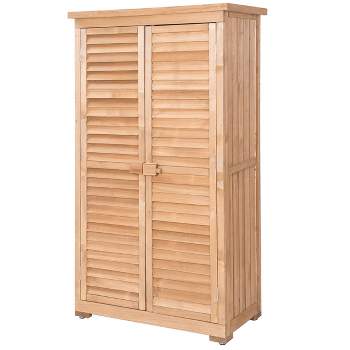 Costway Outdoor 63'' Tall Wooden Garden Storage Shed Fir Wood Shutter Design Lockers