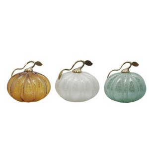 Transpac Glass Amber Mint and White Pumpkin Set of 3 Decorative Objects for Fall Harvest Tabletop Decor - 1 of 1