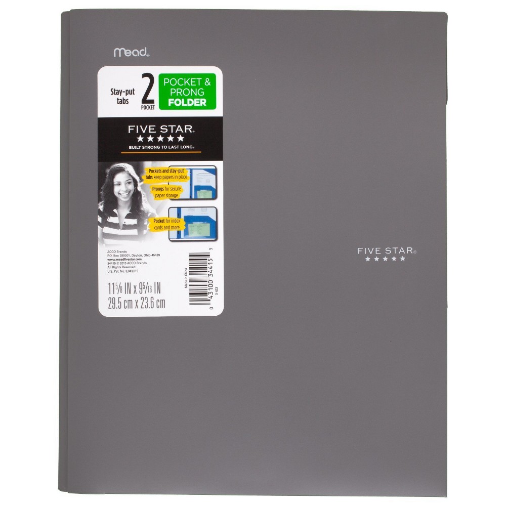Five Star Plastic Folder with Prongs 2 Pockets Gray, Durable 60 Count 