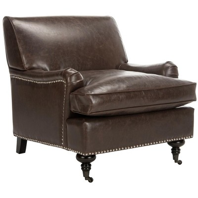 Antique Brown Faux Leather Accent Chair with Wood Legs
