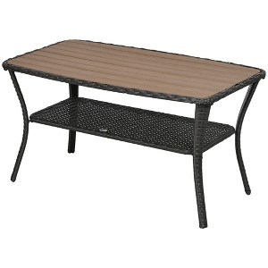 Outdoor Patio PE Rattan Coffee Table with Storage Shelf, Wicker Side Table with Wood-Plastic Composite Top - 1 of 4