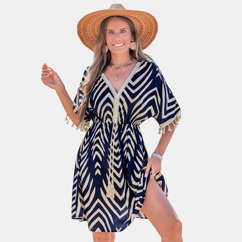 Женские платья Cupshe Women's Boho Chic Chevron Tassel Beach Dress-M-Blue