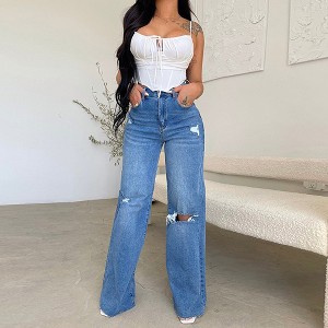 Womens High Waist Long Length Distressed Raw Hem Wide Leg Jeans - 1 of 3