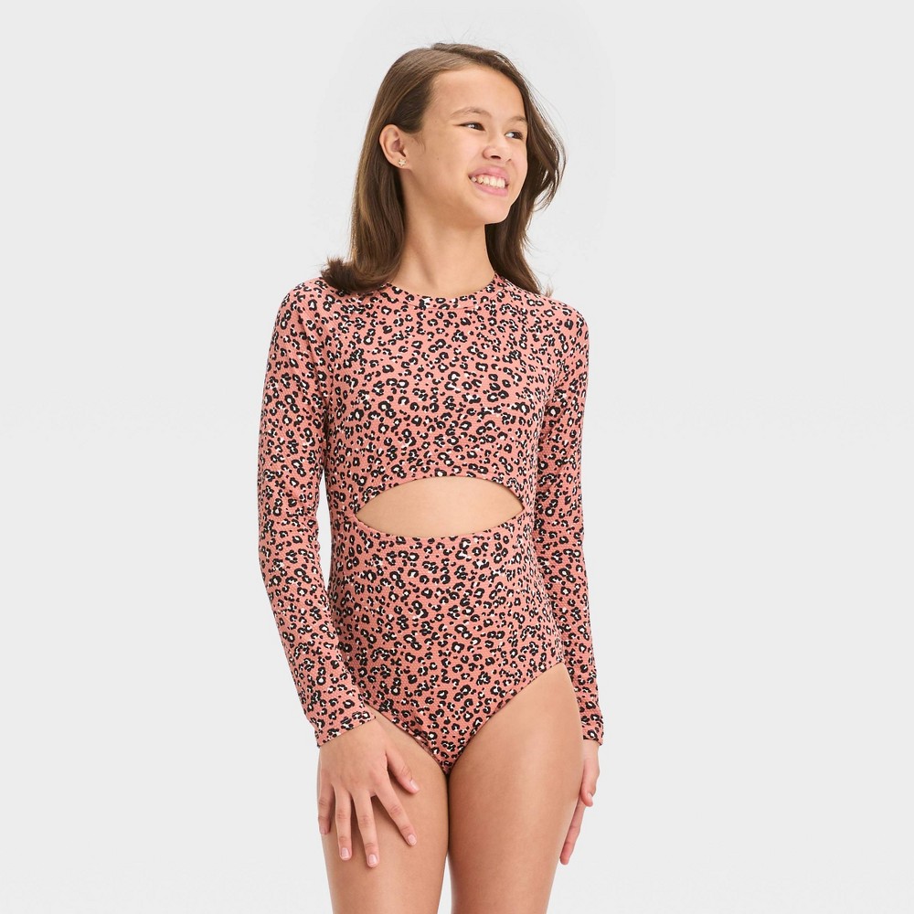 Photos - Swimwear Girls' Leopard Spots One Piece Rash Guard - art class™ L