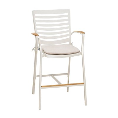 Portals Outdoor Patio Aluminum Barstool in Light Matte Sand with Natural Teak Wood Accent - Armen Living