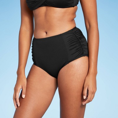 Women's Paneled Shirred High Waist Medium Coverage Bikini Bottom - Kona Sol™ Black