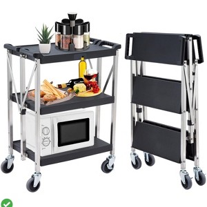 Foldable 3 Tier Stainless Steel Trolley Cart - Foldable Utility Serving Storage Rolling Car Shelf w/ Wheels - 1 of 4
