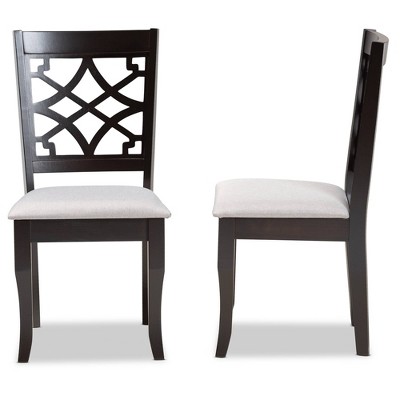 Set of 2 Grey Fabric and Dark Brown Wood Dining Chairs with Cut-Out Back