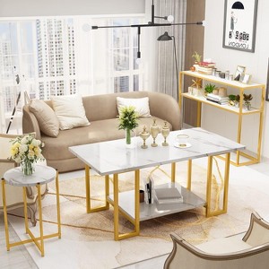 Hooseng Living Room Table Set of 3, Faux Marble Coffee Table & Side Table & Console Table with Storage Shelves & Metal Frame for Living Room, Office - 1 of 4