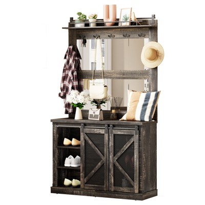 Garvee 5-in-1 Coat Rack, Multifunctional Hall Tree with 2 Shoe Storage, 2 Mirrors, 7 Hooks, 3 Storage Drawers, Sliding Doors for Entryway and Mudroom