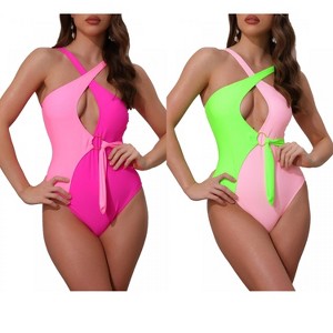 INSPIRE CHIC Women's Criss Cross Color Block O Ring Side Tie Strappy Swimwear Monokini Suit 2 Sets - 1 of 4