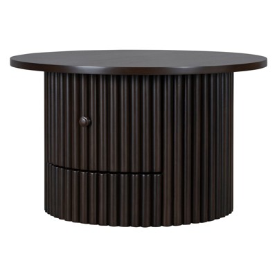 FONTOI Round Coffee Table with a Hiden Drawer, Farmhouse Center Table with Vertical Slat Base for Living Room, Dark Brown, 30.5"*18.5"*30.5"