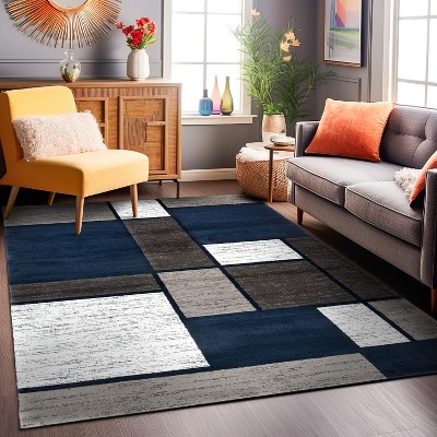 Navy Geometric Synthetic 5' x 7' Reversible Area Rug