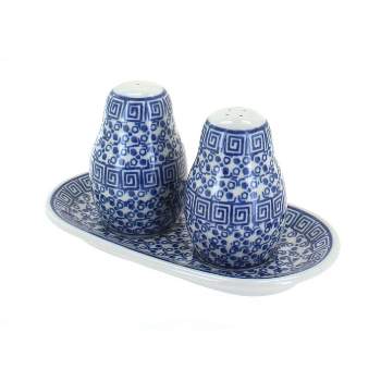 Blue Rose Polish Pottery 131 Ceramika Artystyczna Salt & Pepper Shakers with Tray