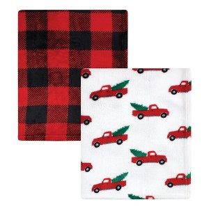 Hudson Baby Unisex Baby Silky Plush and Coral Fleece Blanket, Christmas Tree Truck, 30x36 inches - 1 of 4