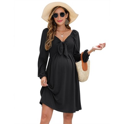 V-neck front chest strap long sleeved pregnant dress black 4 # black_2XL