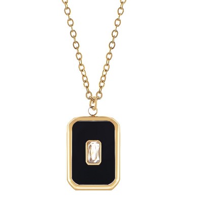 Anna-Kaci Women's Stainless Steel Necklace with 18K Gold Plated Pendant, Black Enamel Inlay, Clear Zircon Stone Accent, Adjustable Chain-Black