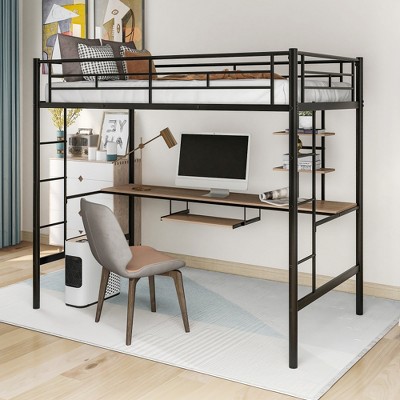 ALEXOUN Twin Size Loft Bed with Desk,Metal Loft Bed with Storage Shelves,Heavy Duty Loft Bed Twin Size with 2 Ladders,for Kids Teens Adults,Black