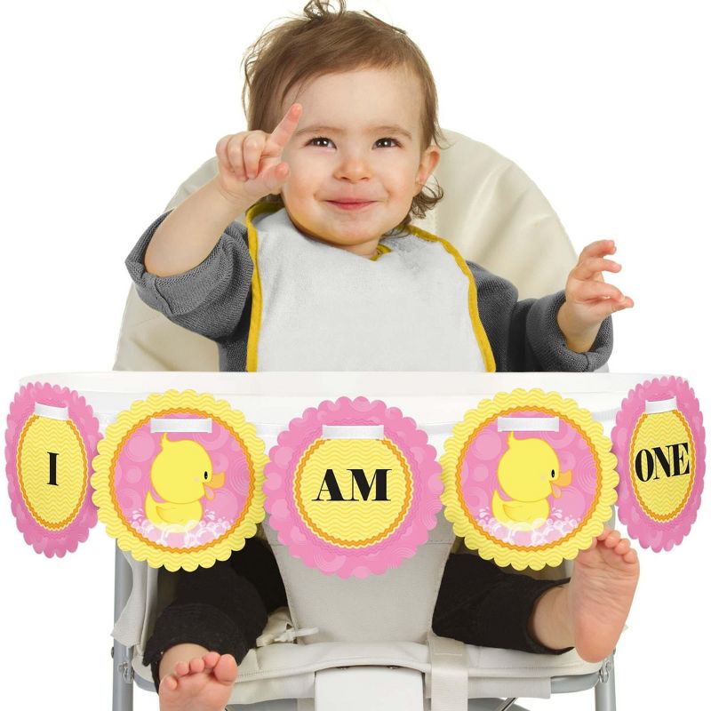 Big Dot of Happiness Pink Ducky Duck 1st Birthday Highchair Decor - I Am One - First Birthday High Chair Banner, 1 of 5