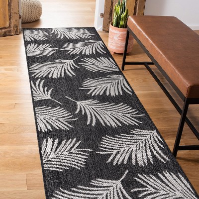 Tropical Palm Leaves Black Synthetic Flatwoven Reversible Rug - 2'x7'