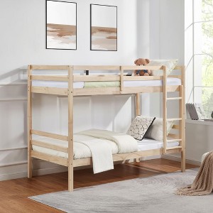 MAYEERTY Twin over Twin Bunk Bed with Ladder, Wooden Bed Frame with High Guardrail and Ladder for Kids, No Box Spring Needed, White - 1 of 4