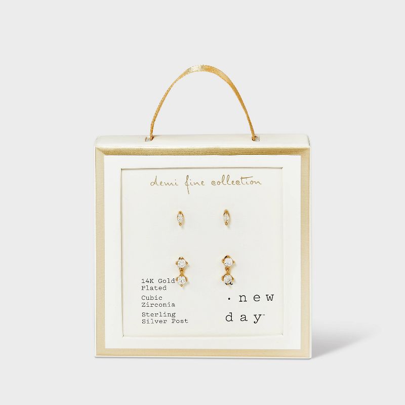 14K Gold Plated Cubic Zirconia Marquise and Dangle Duo Stud Earring Set 2pc - A New Day&#8482; Gold, 4 of 5