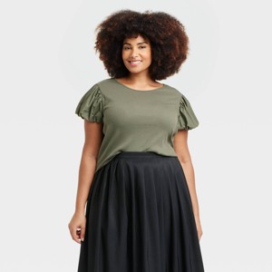 Women's Ribbed Puff Short Sleeve Blouse - A New Day™ - 1 of 3