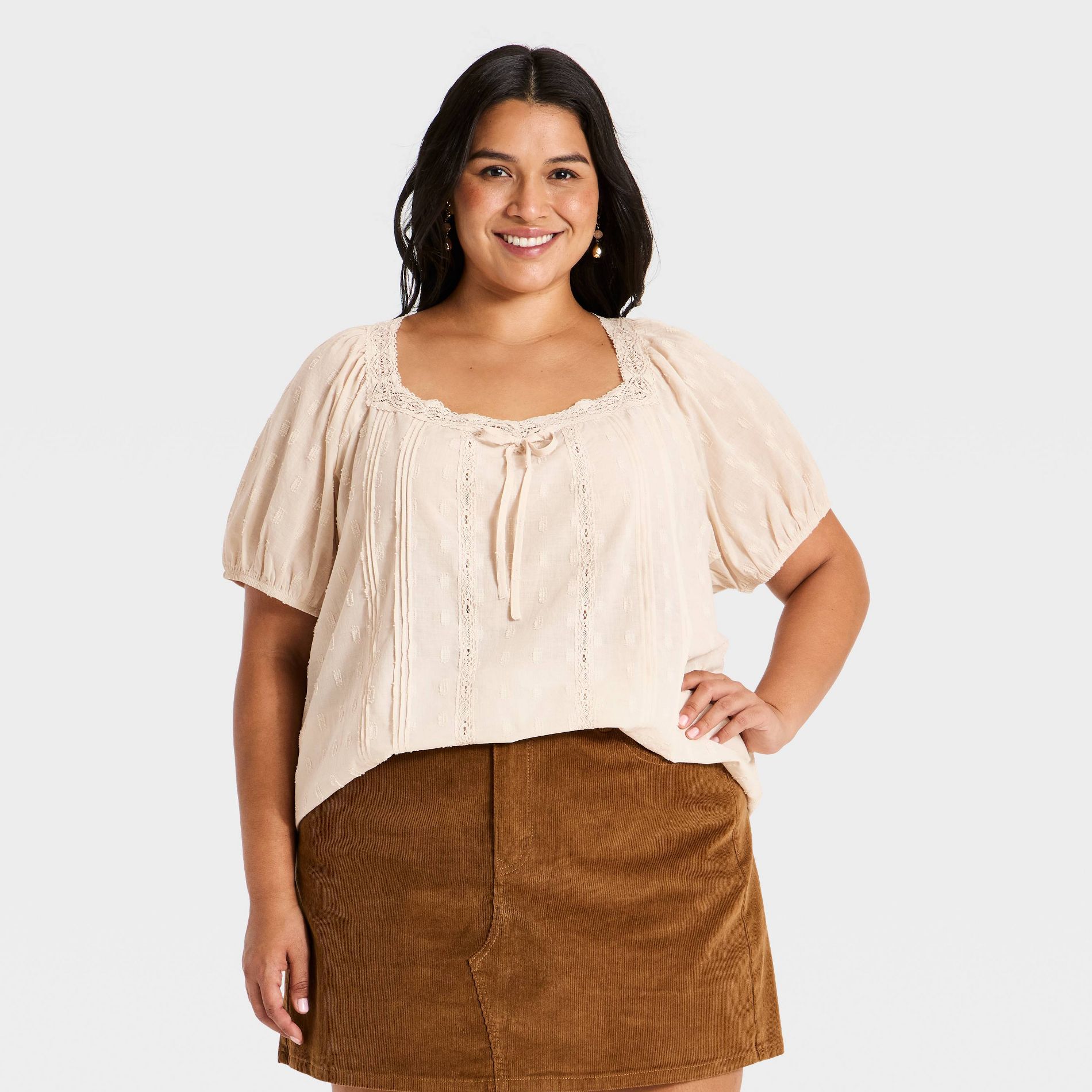Women's Short Puff Sleeve V Neck Front Tie Lace Trim Top - Ava & Viv™