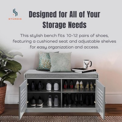 Gray Wooden Shoe Storage Bench with Cushioned Seat and Adjustable Shelves