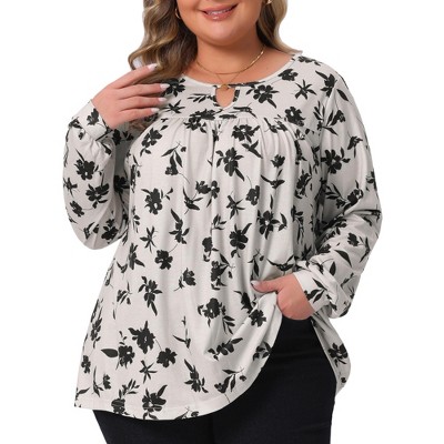 Agnes Orinda Women's Plus Size Keyhole Floral Pleated Long Sleeve Flowy Casual Tunic Blouse