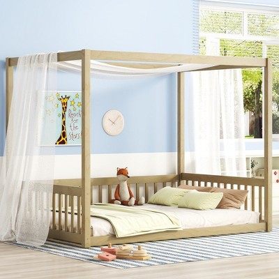 TIRAMISUBEST Twin/Full Size Canopy Frame Floor Bed with Fence and Guardrails, Pine Wood 4-Poster Canopy Bed Montessori Bed