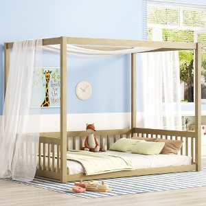 TIRAMISUBEST Twin/Full Size Canopy Frame Floor Bed with Fence and Guardrails, Pine Wood 4-Poster Canopy Bed Montessori Bed - 1 of 4