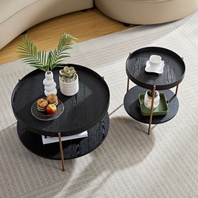 CENGHU 2-Piece Modern Round Coffee Table with 2-Tier Storage, Easy Assembly Nesting Tea Tables, End Side Table for Bedroom, Office, Balcony