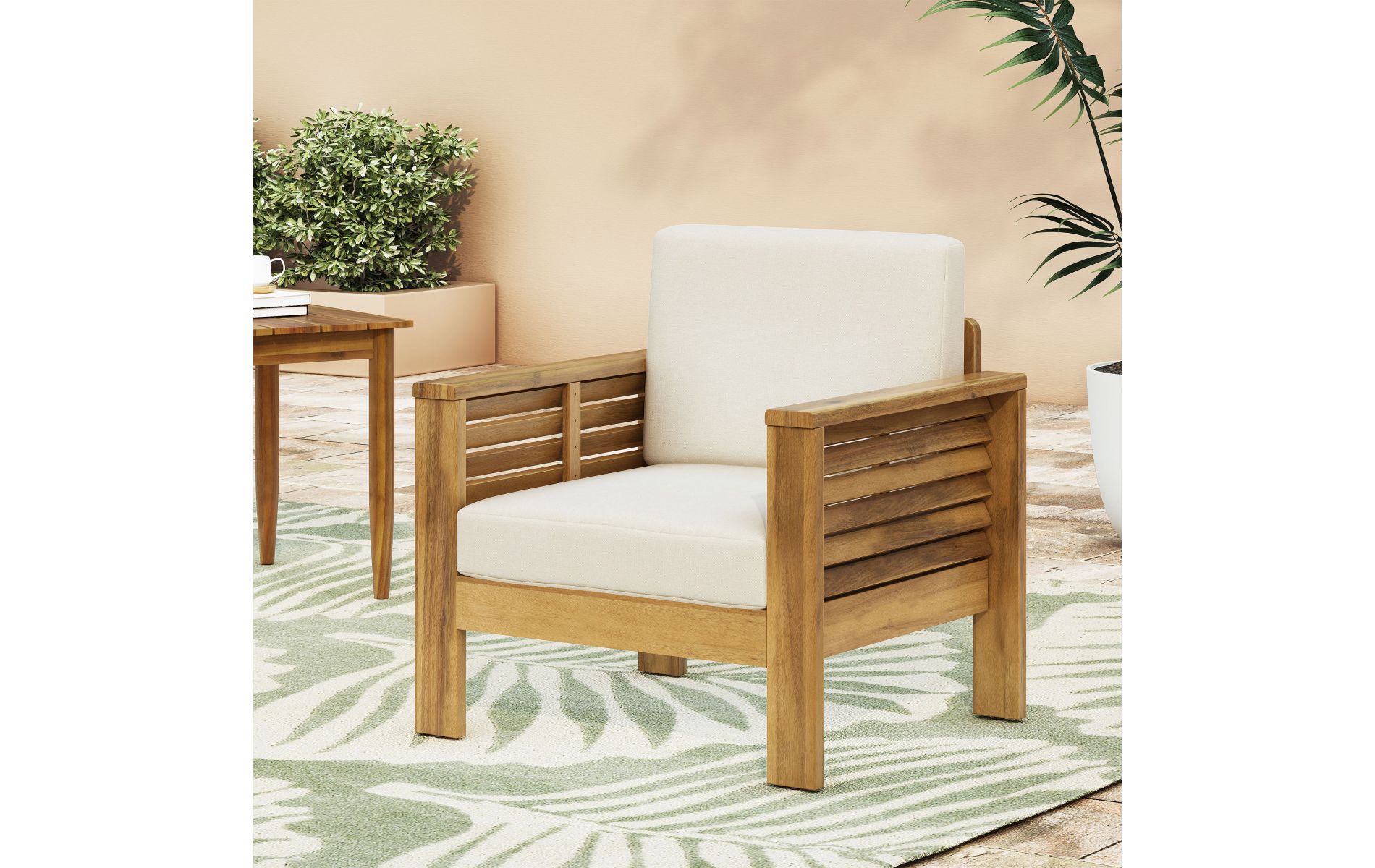 Acacia Wood Outdoor Club Chair with Beige Water-Resistant Cushion, Slatted Back Patio Armchair for Porch or Deck-Baofuwish