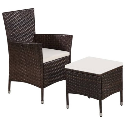 vidaXL Outdoor Patio Furniture Set with Dining Chair, Stool and Cushions - Poly Rattan Construction in Brown with Cream White Cushion Covers