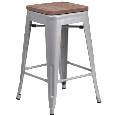 Emma and Oliver 24"H Backless Metal Counter Height Stool with Wood Seat